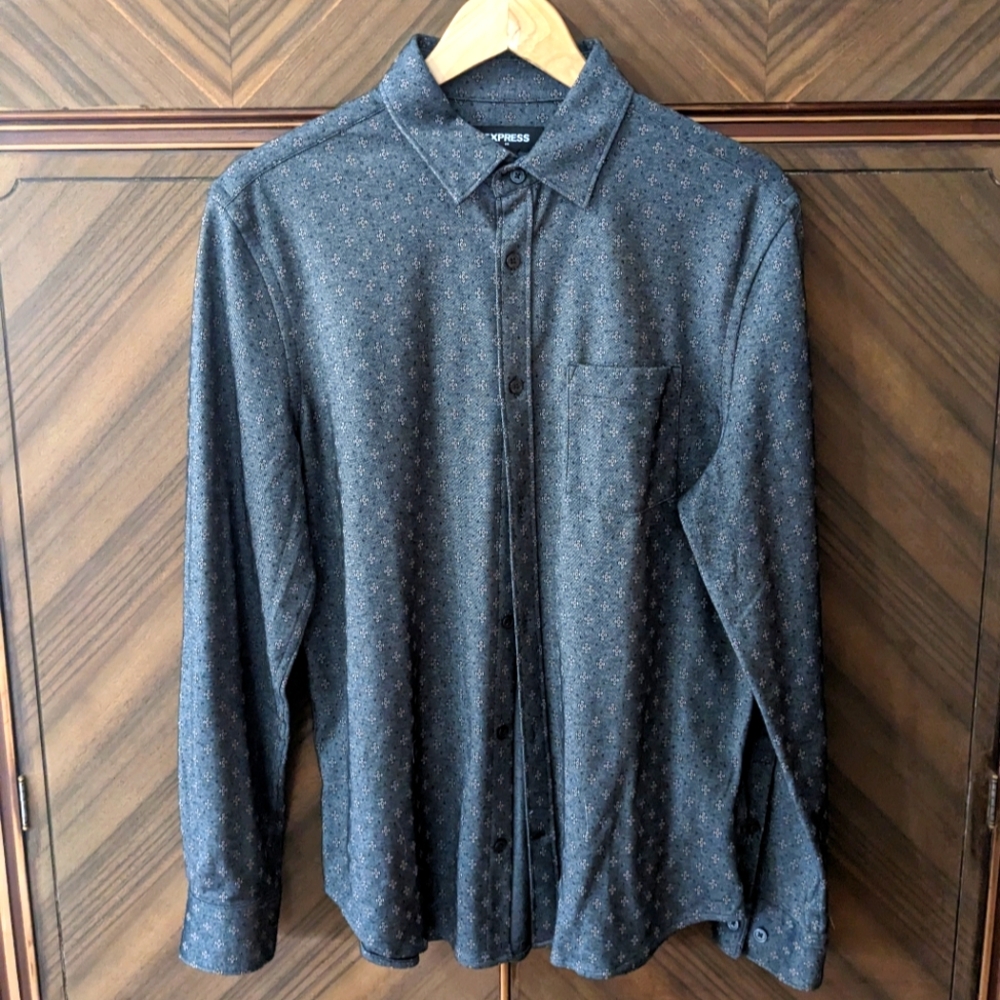 Express Long Sleeve Grey Patterned Dress Shirt Medium